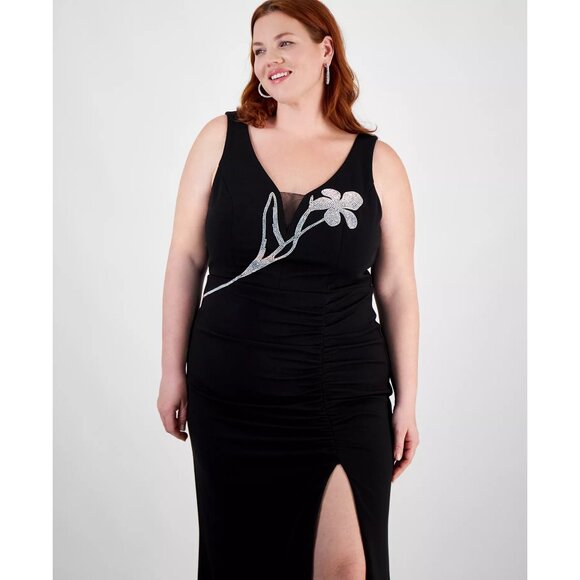 City Studios Trendy Plus Size Split-Neck High-Slit Scuba Long Gown Size 20W NWT - Picture 4 of 5